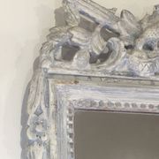 Louis XVI Style Mirror in Carved Wood with Grey Patina and Dove Pediment