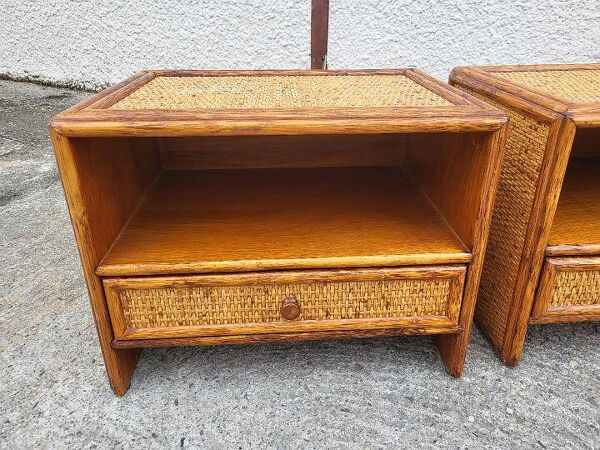 Paire de tables de nuit chevets a tiroirs rotin de maugrion vintage