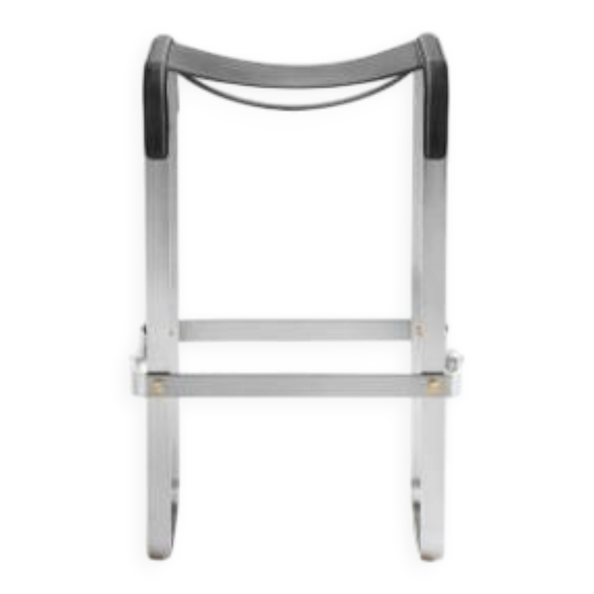 Contemporary kitchen bar stool in aged silver steel and black leather.