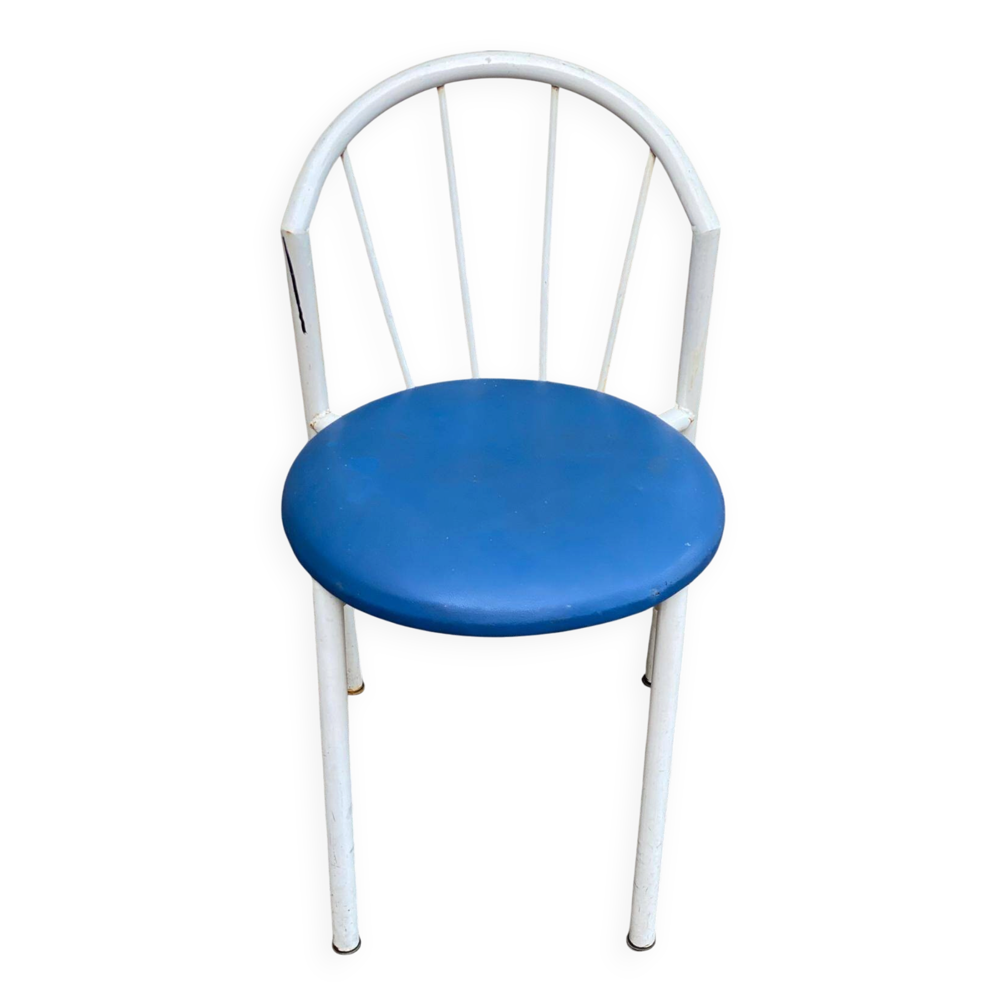 Vintage bistro garden chair in white tubular steel and blue leather from the 1980s.