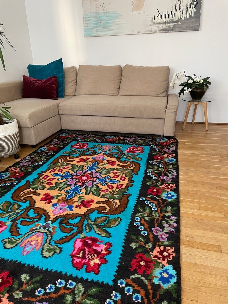 Vintage blue Moldavian rug with beautiful flowers, authentic Romanian handwoven rug 240x153cm