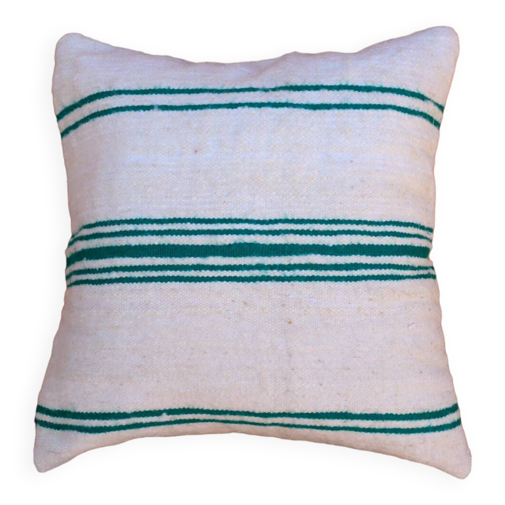 Coussin rayé blanc et vert en laine fait-main