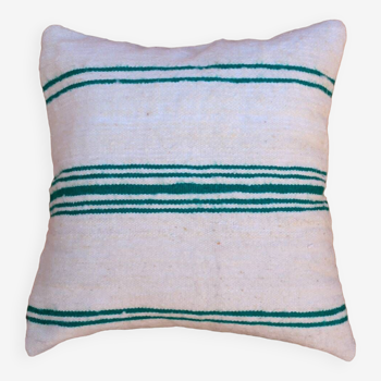 Coussin rayé blanc et vert en laine fait-main