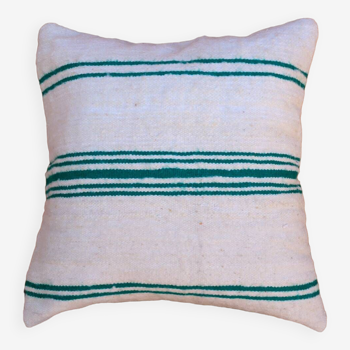 Handmade white and green striped wool cushion