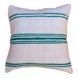 Handmade white and green wool striped cushion