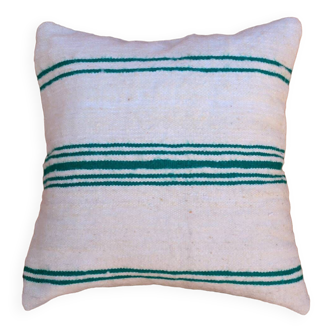 Handmade white and green striped wool cushion