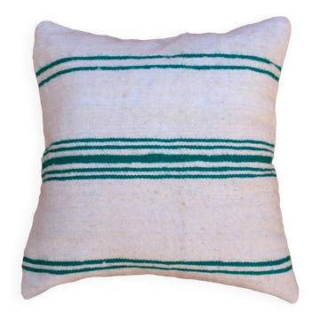 Coussin rayé blanc et vert en laine fait-main