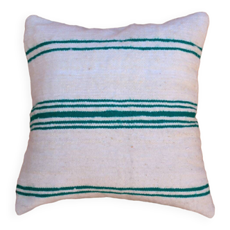 Coussin rayé blanc et vert en laine fait-main