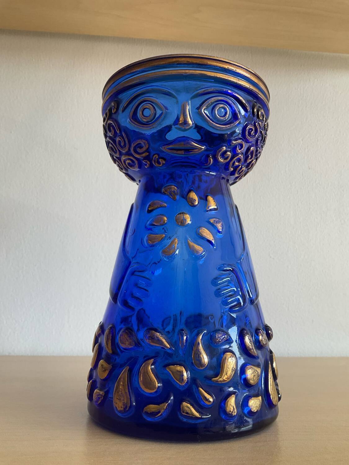 Anthropomorphic Hyacinth vase in cobalt blue and gold glass