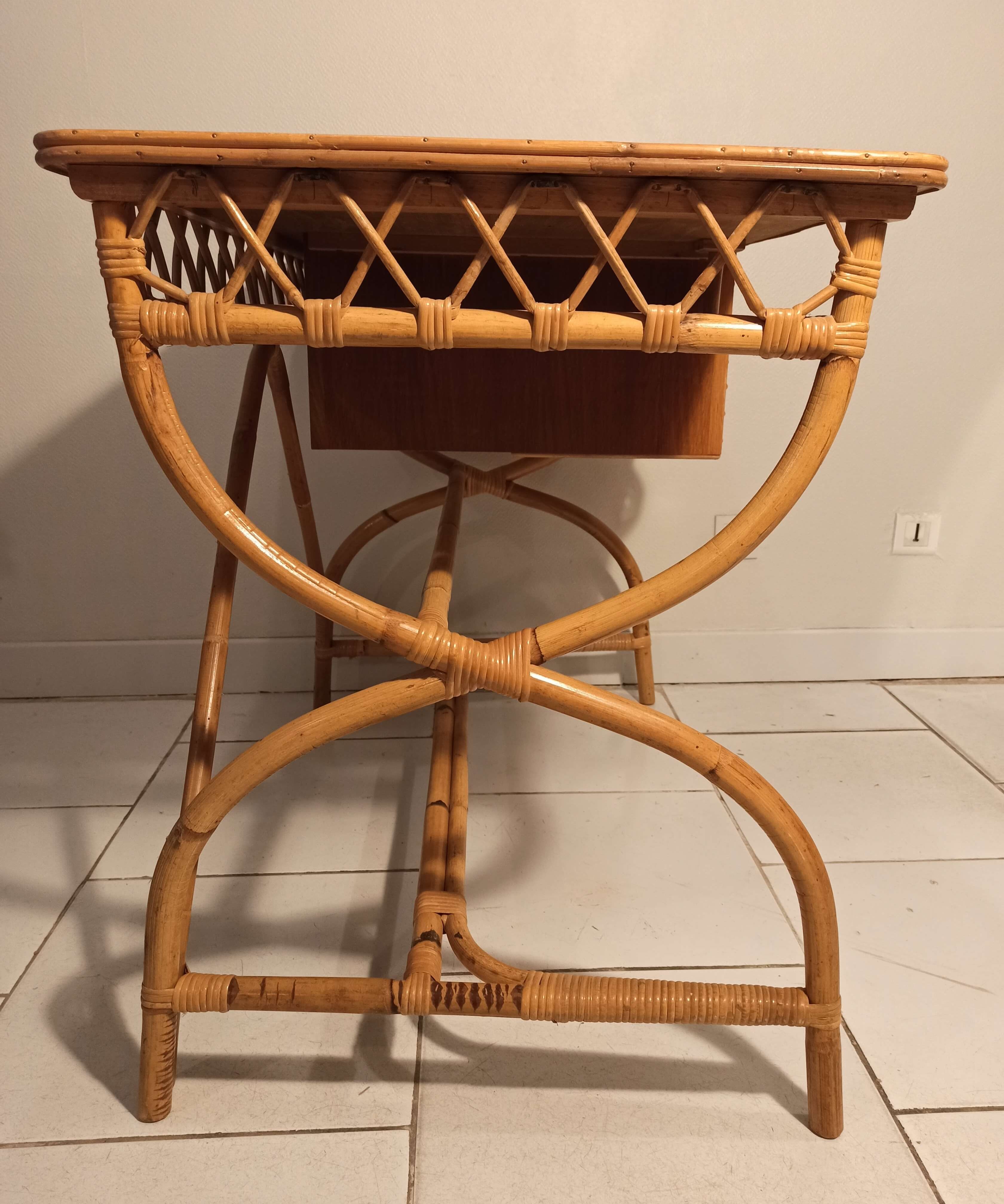 Louis Sognot vintage rattan desk and chair
