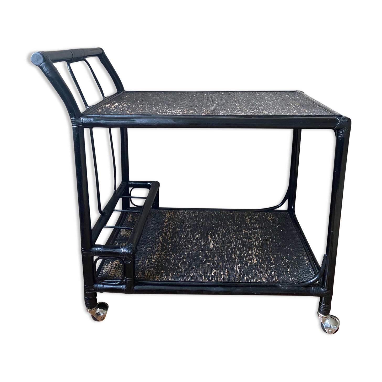 Black service in wood and rattan 70s