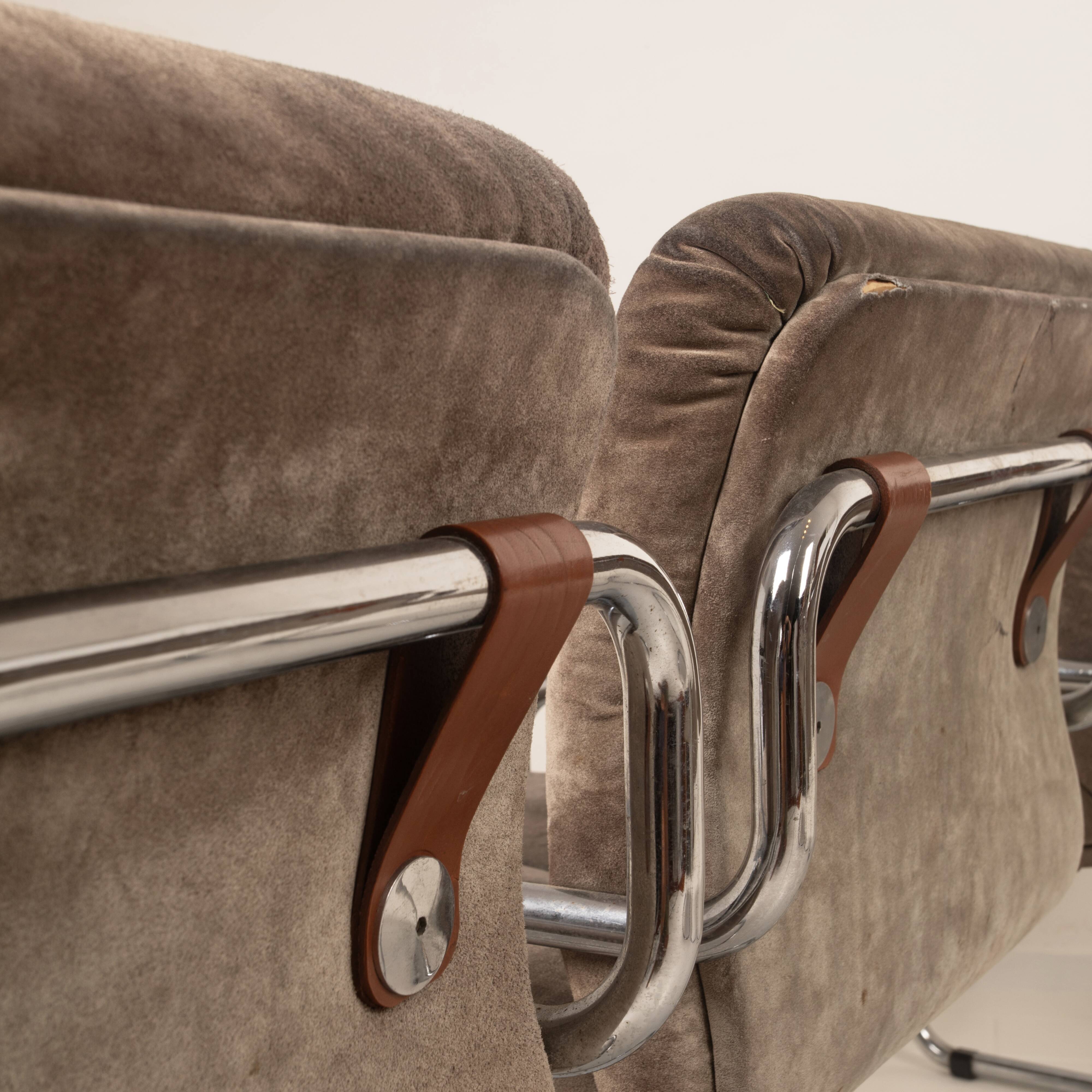 Guido Faleschini Italian Astro Chrome and Taupe Suede Armchairs for i4 Mariani