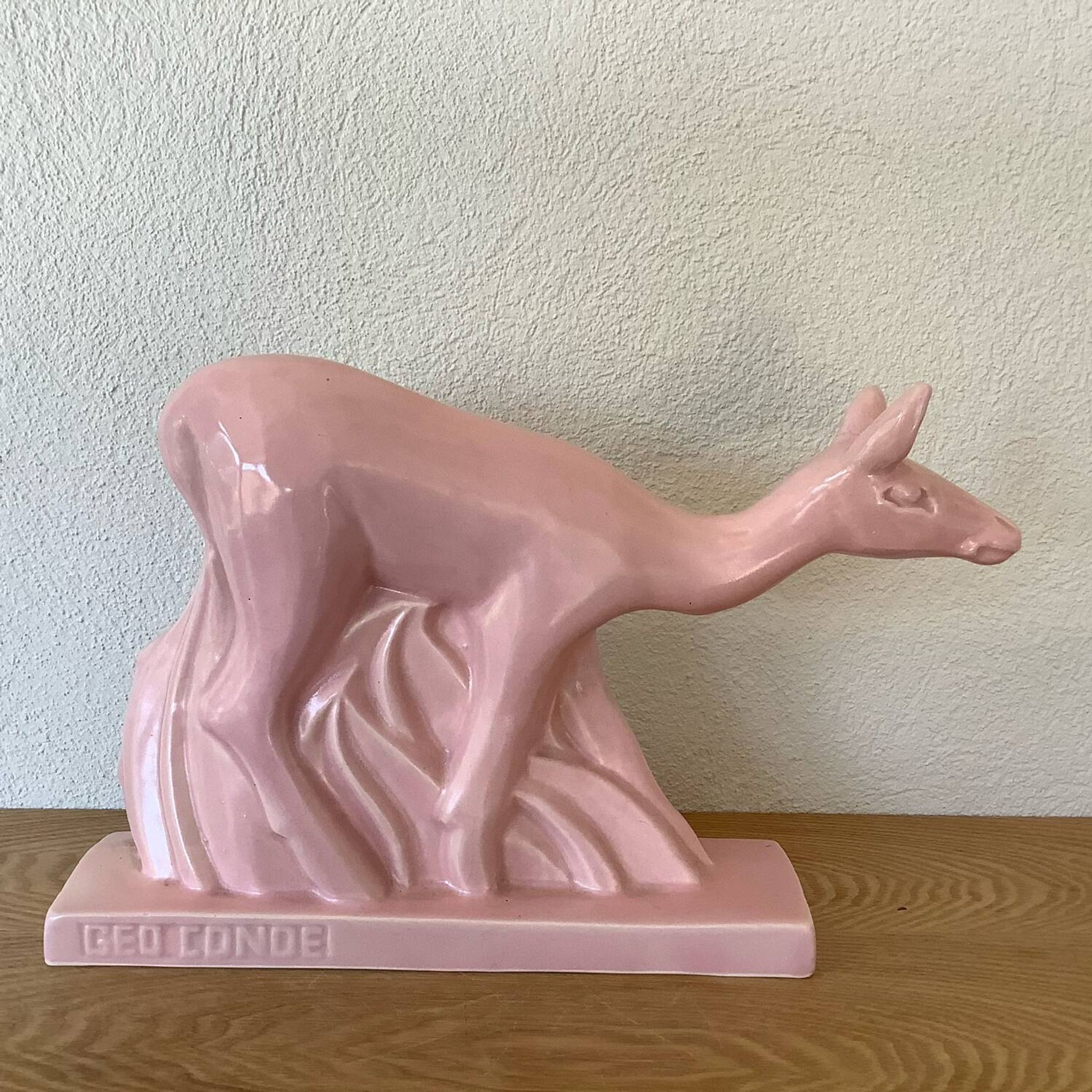 Pink doe sculpture geo conde saint clement earthenware france 1930 art deco