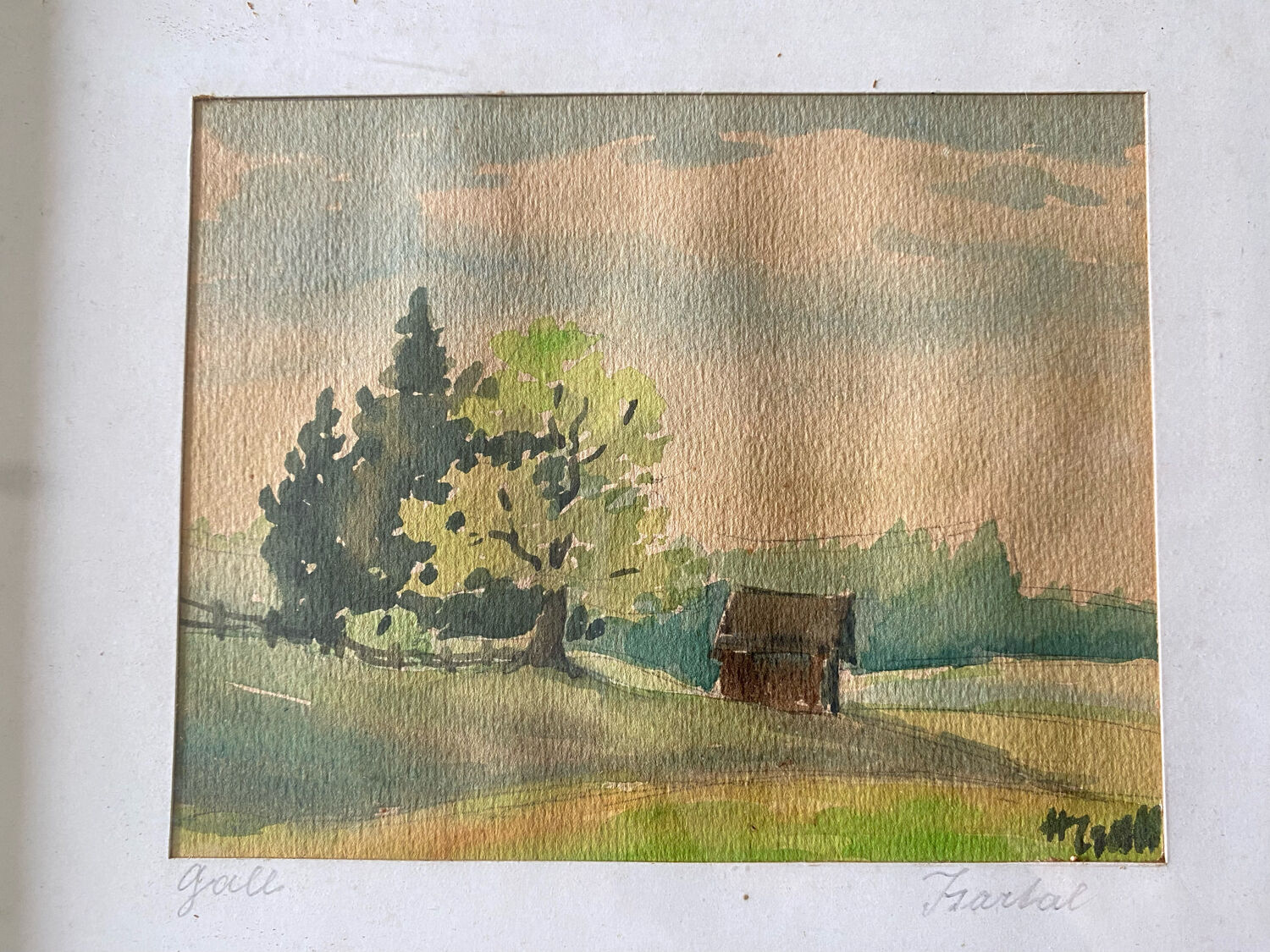 Framed watercolor landscape signed 1949