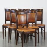 Set of 6 sheep leather dining chairs finished with wood