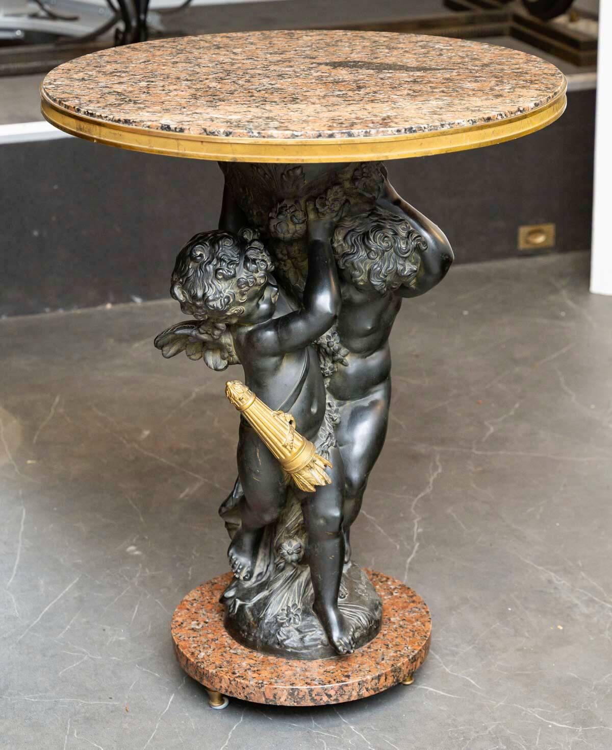 Guéridon en bronze et marbre, Psyché et Cupidon, Auguste Moreau (1834-1917)