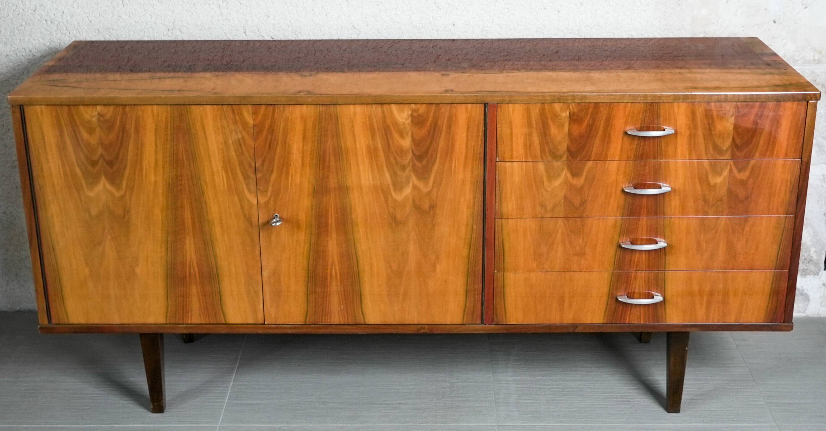 Violetta sideboard/chest of drawers in walnut and mahogany, Piotrkowskie Fabryki Mebli, Poland, 1960.