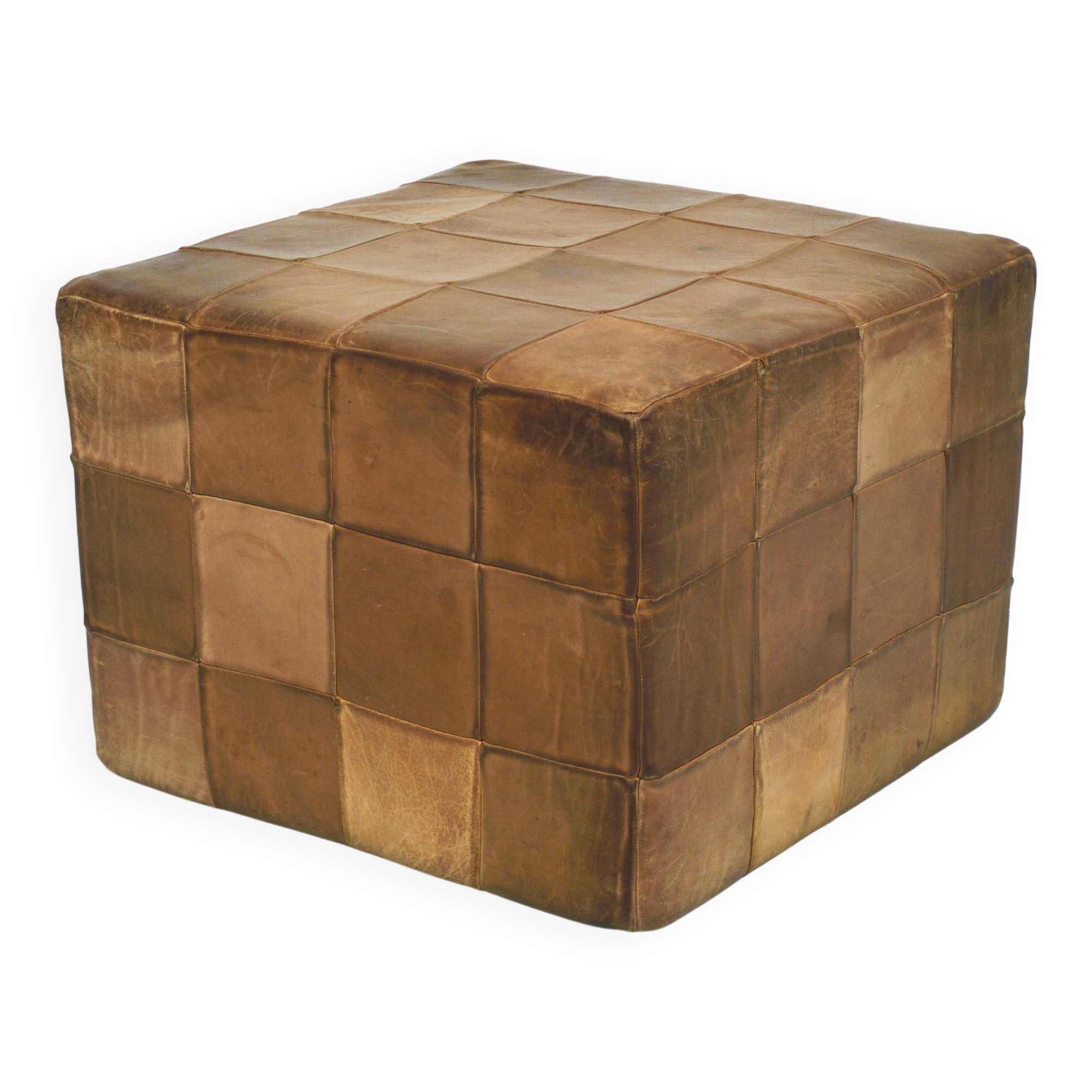 De Sede Patchwork Leather Cube Stool, Pouf, Ottoman, Switzerland, 1970s