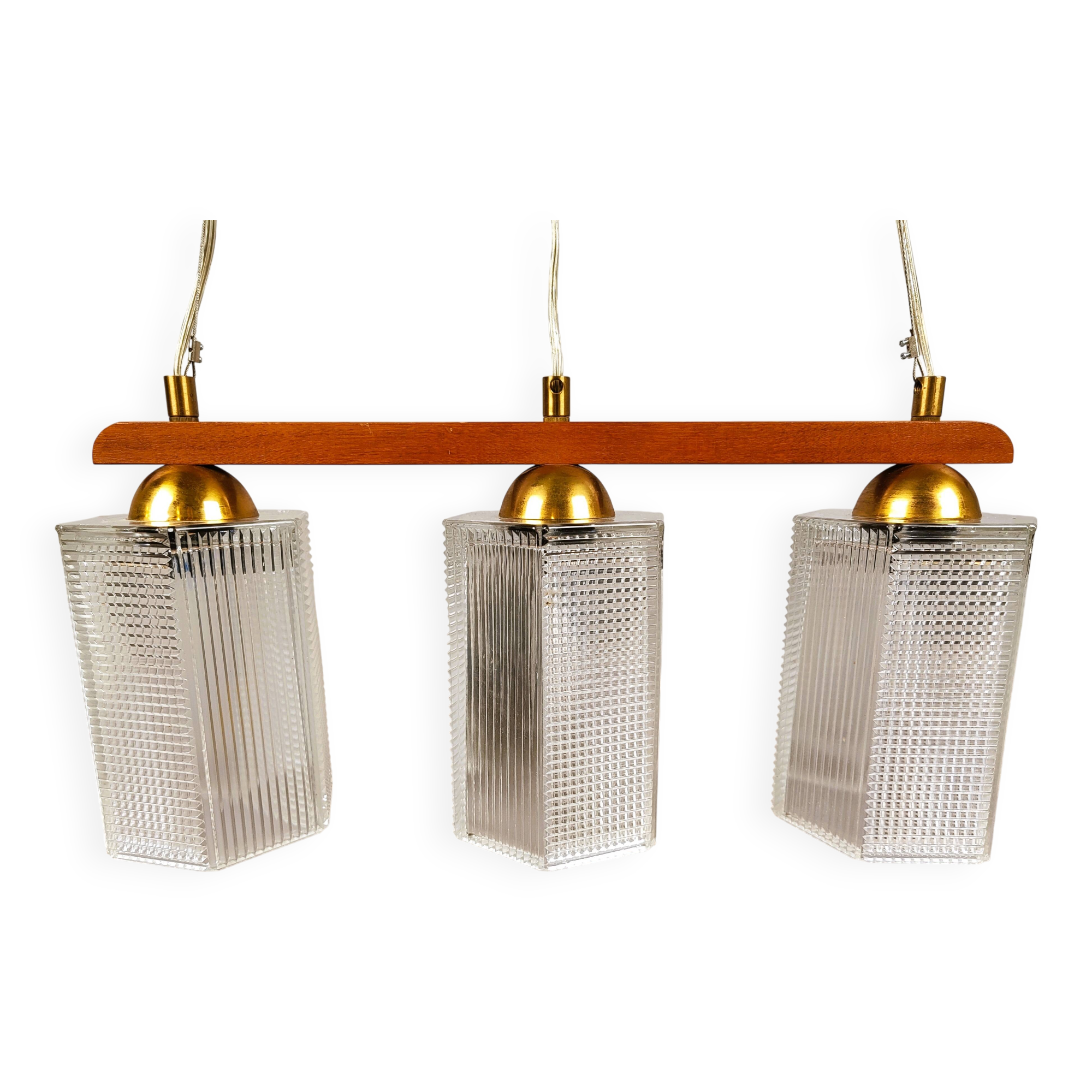 Teak, brass and glass pendant light, Denmark, 1970s