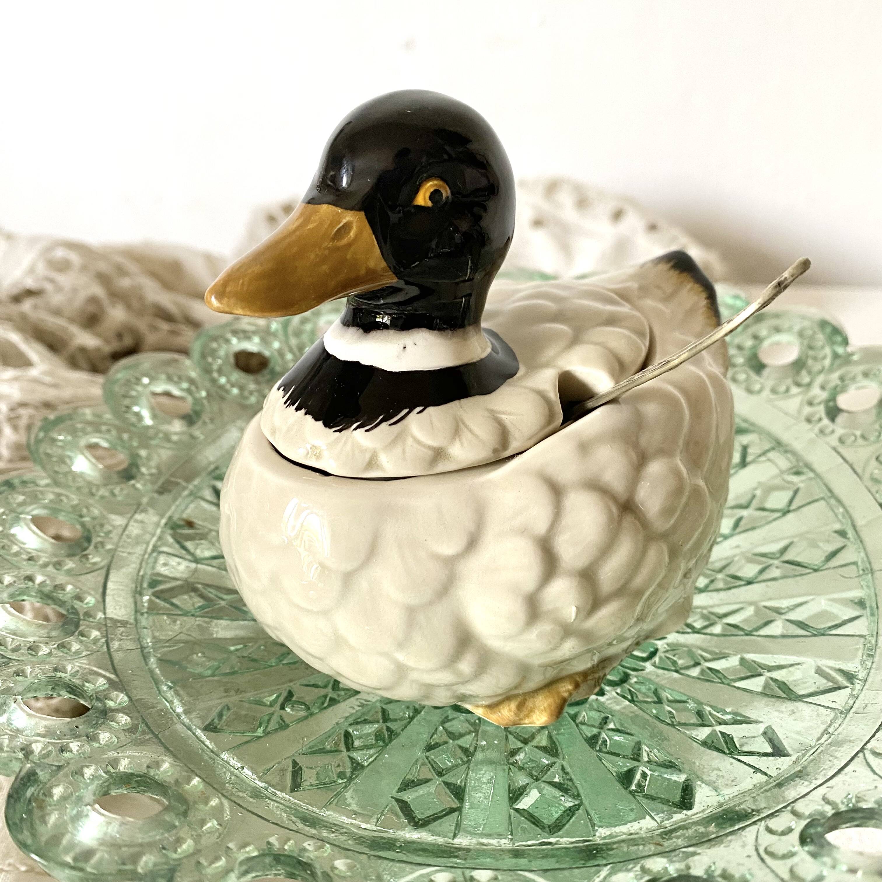 Duck in barbotine, sugar pot or zoomorphic mustard