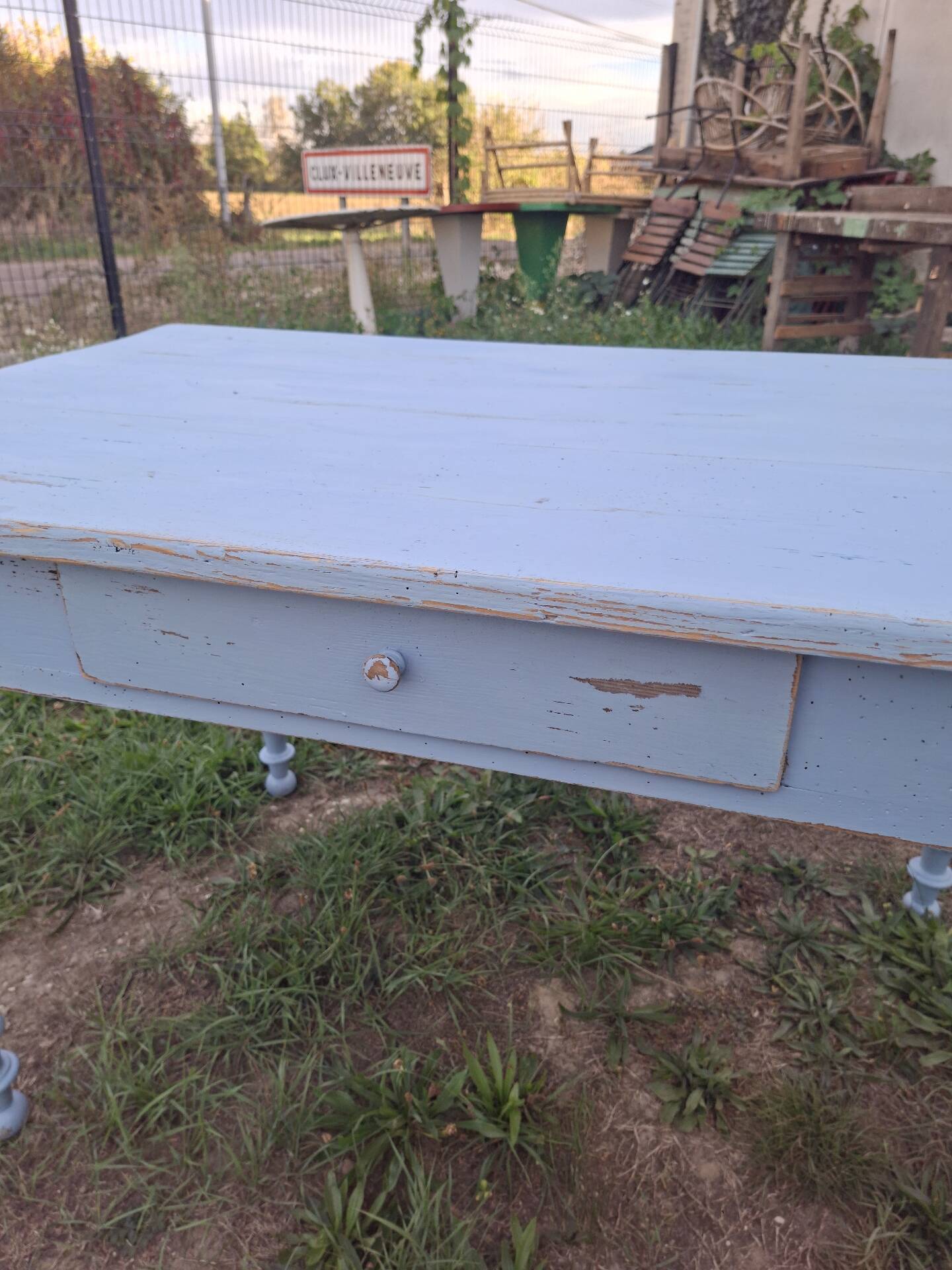 Old patinated blue bistro farmhouse table - 1.2m