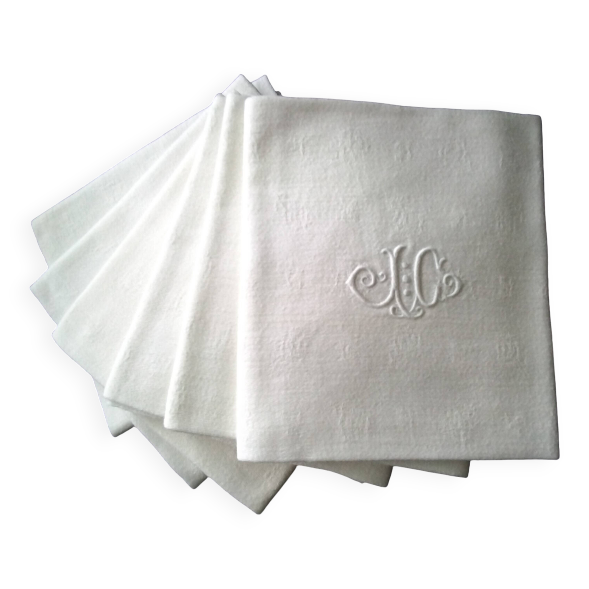 6 White Damask Cotton Napkins Monogram JC
