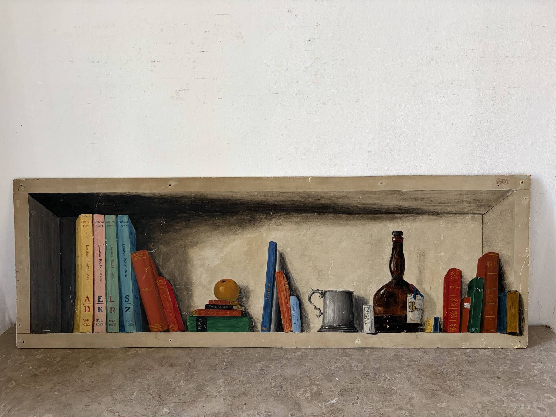 “The Bookshelf” London shelves by R Steed, oil on panel