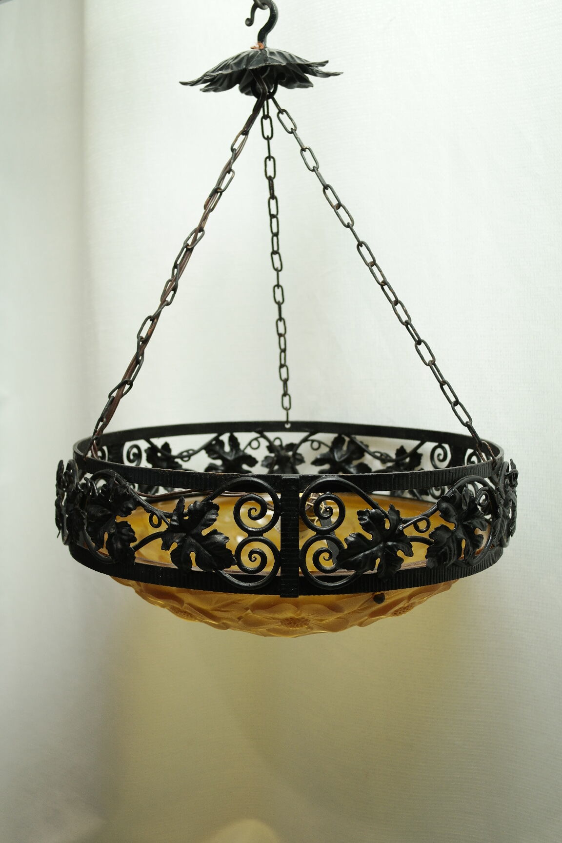 Art Deco wrought iron glass suspension Degué