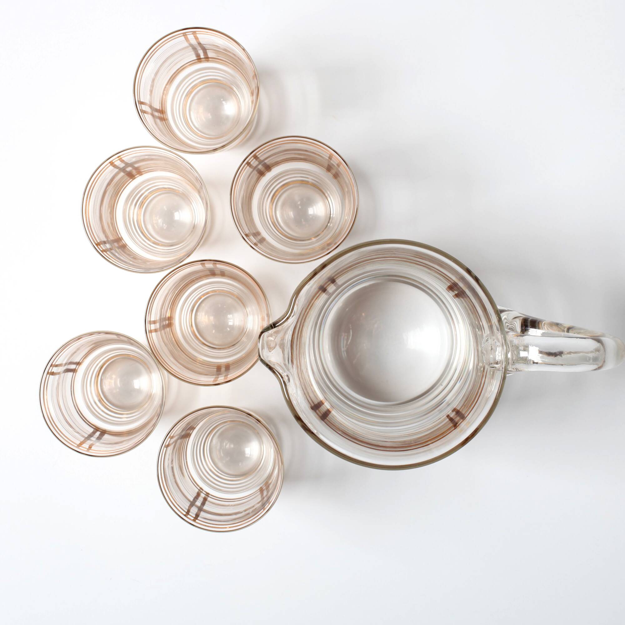 Mid-Century Italian Glass Pitcher & Six Glasses with Golden Details / Italy