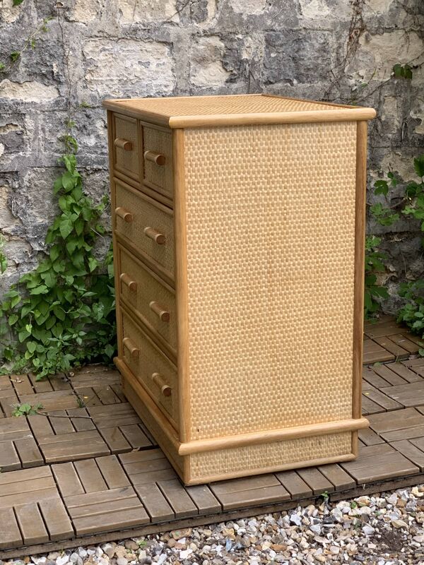 Commode vintage en rotin et osier tressé 1970