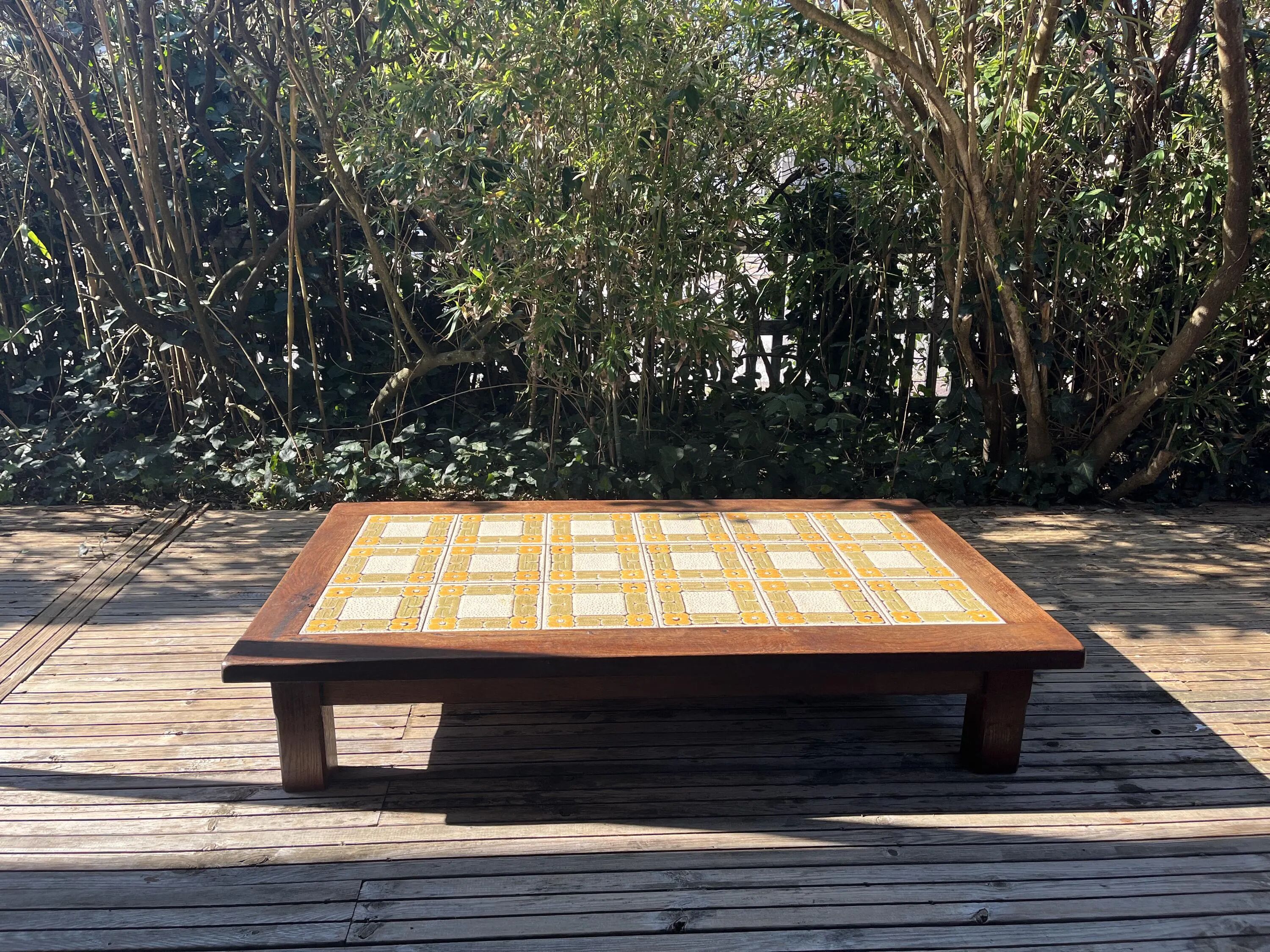 Large vintage 1960s oak and ceramic coffee table.