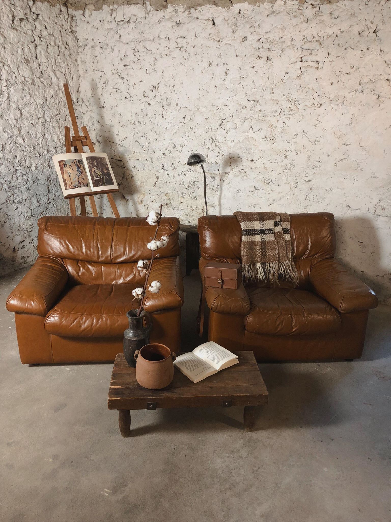 Pair camel leather armchairs