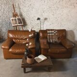 Paire fauteuils cuir camel