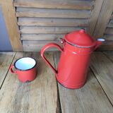 Théière tasse en métal émaillé rouge ancienne vintage dp 11210021
