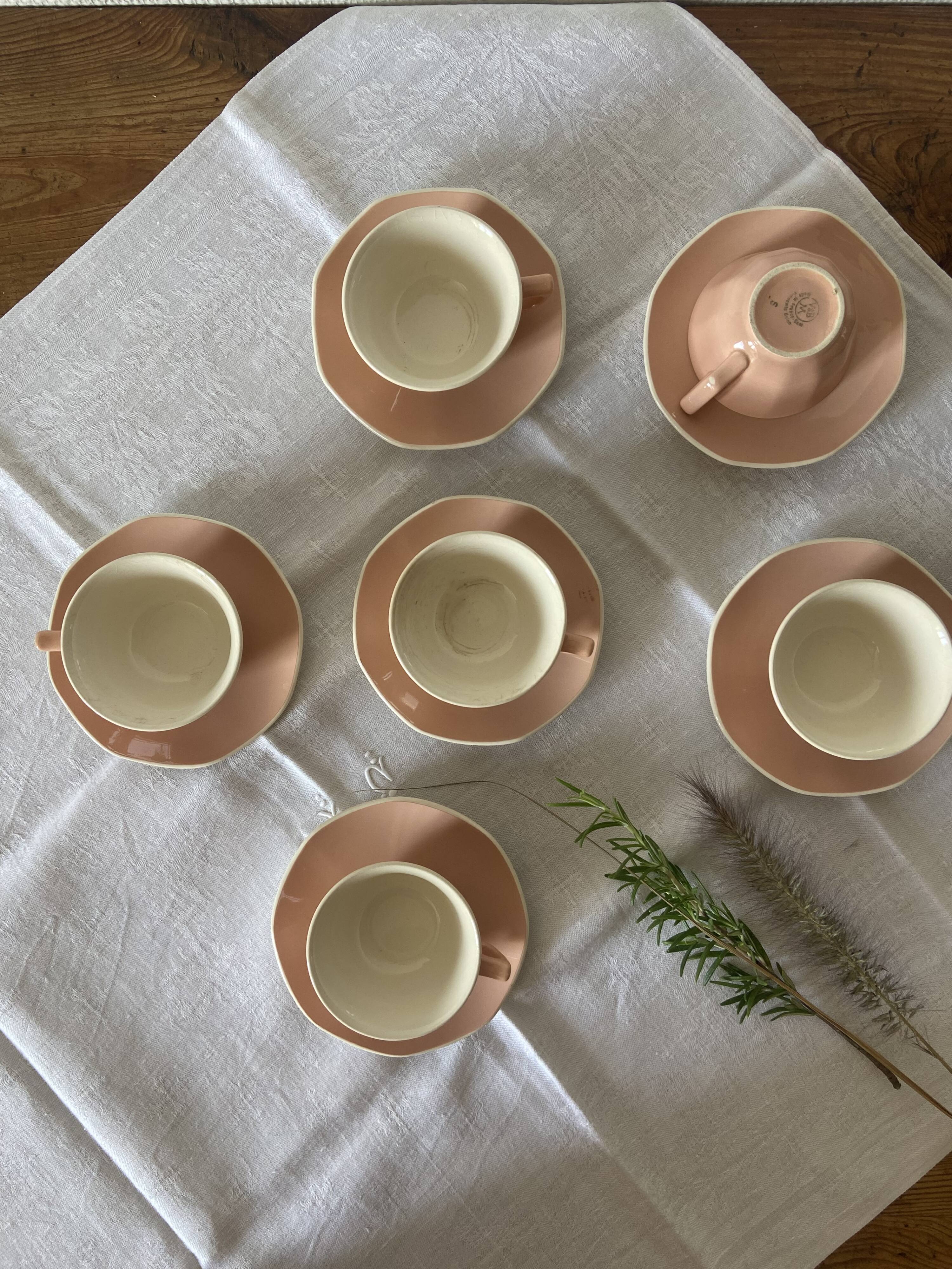 5 tasses à café & soucoupes Villery & Boch roses