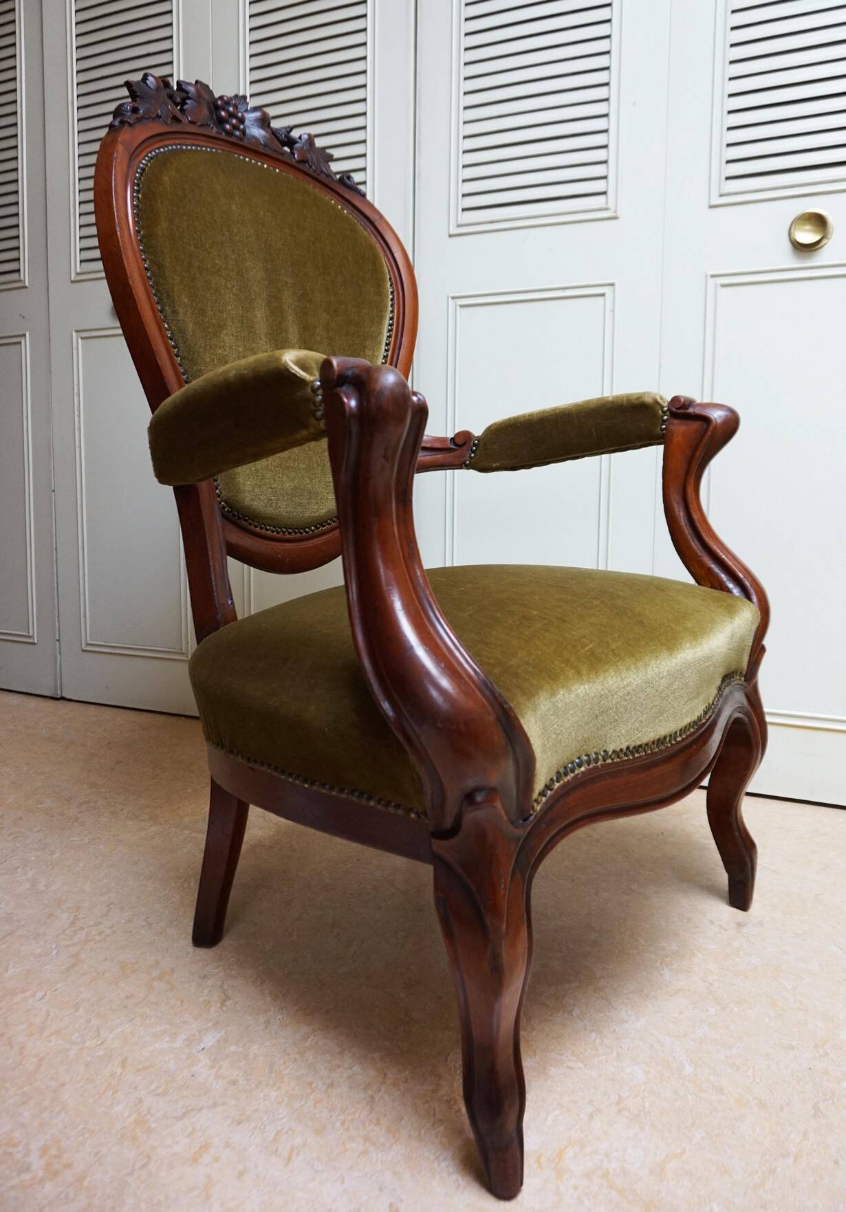 Mahogany Napoleon III Armchair with Carved Grapes  Decoration on Top, 1870s