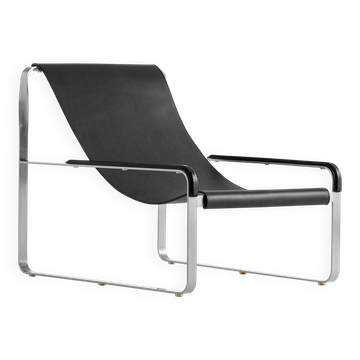 Contemporary Artisan Chaise Longue in aged silver steel and black leather