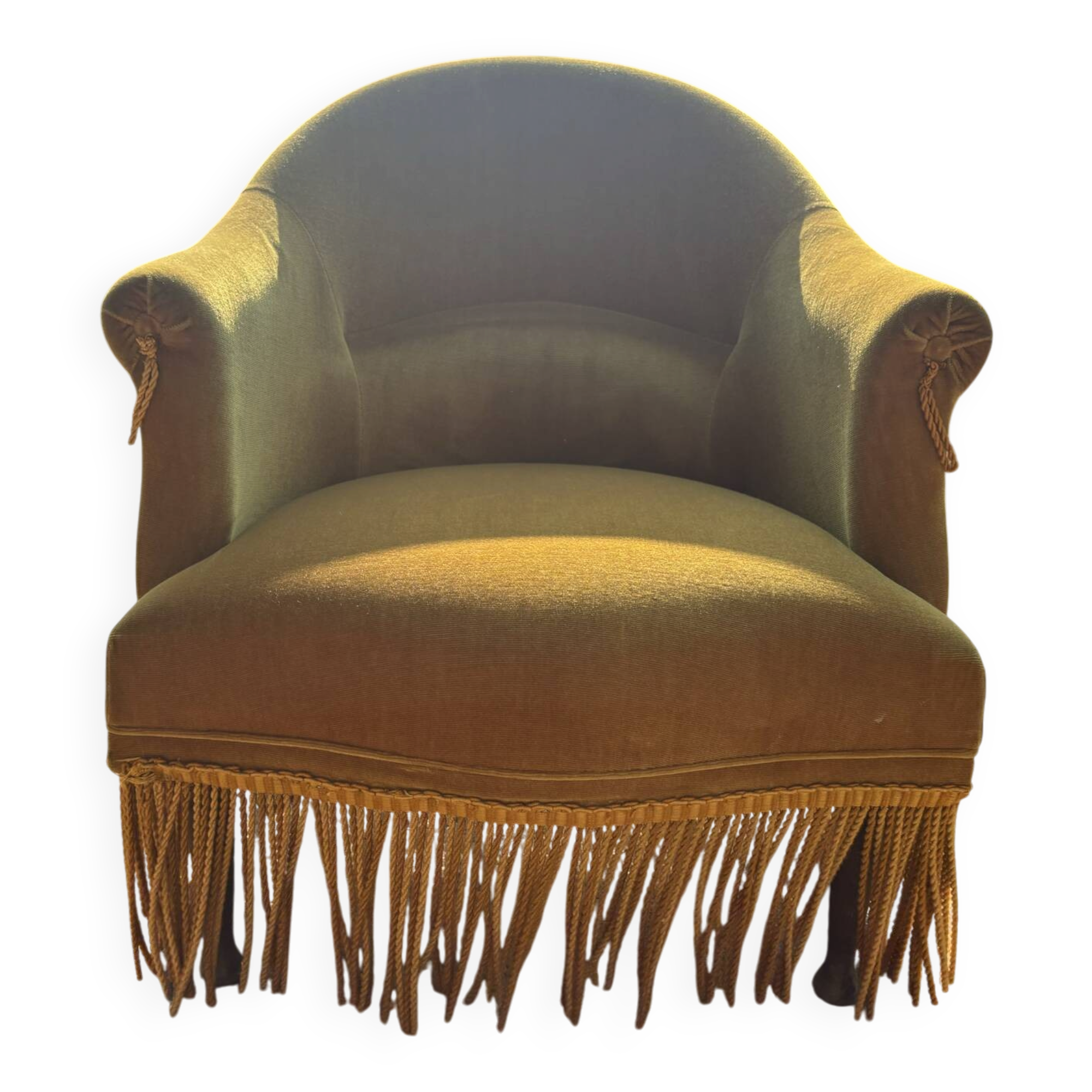 Fauteuil Crapaud Vintage en Velours Moutarde à franges