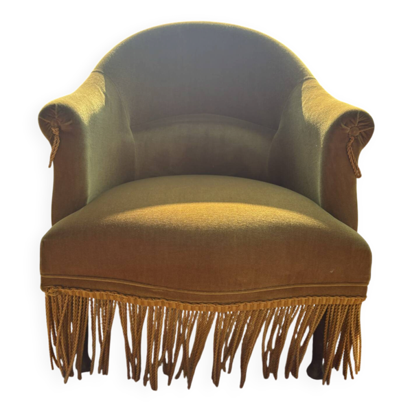 Fauteuil Crapaud Vintage en Velours Moutarde à franges