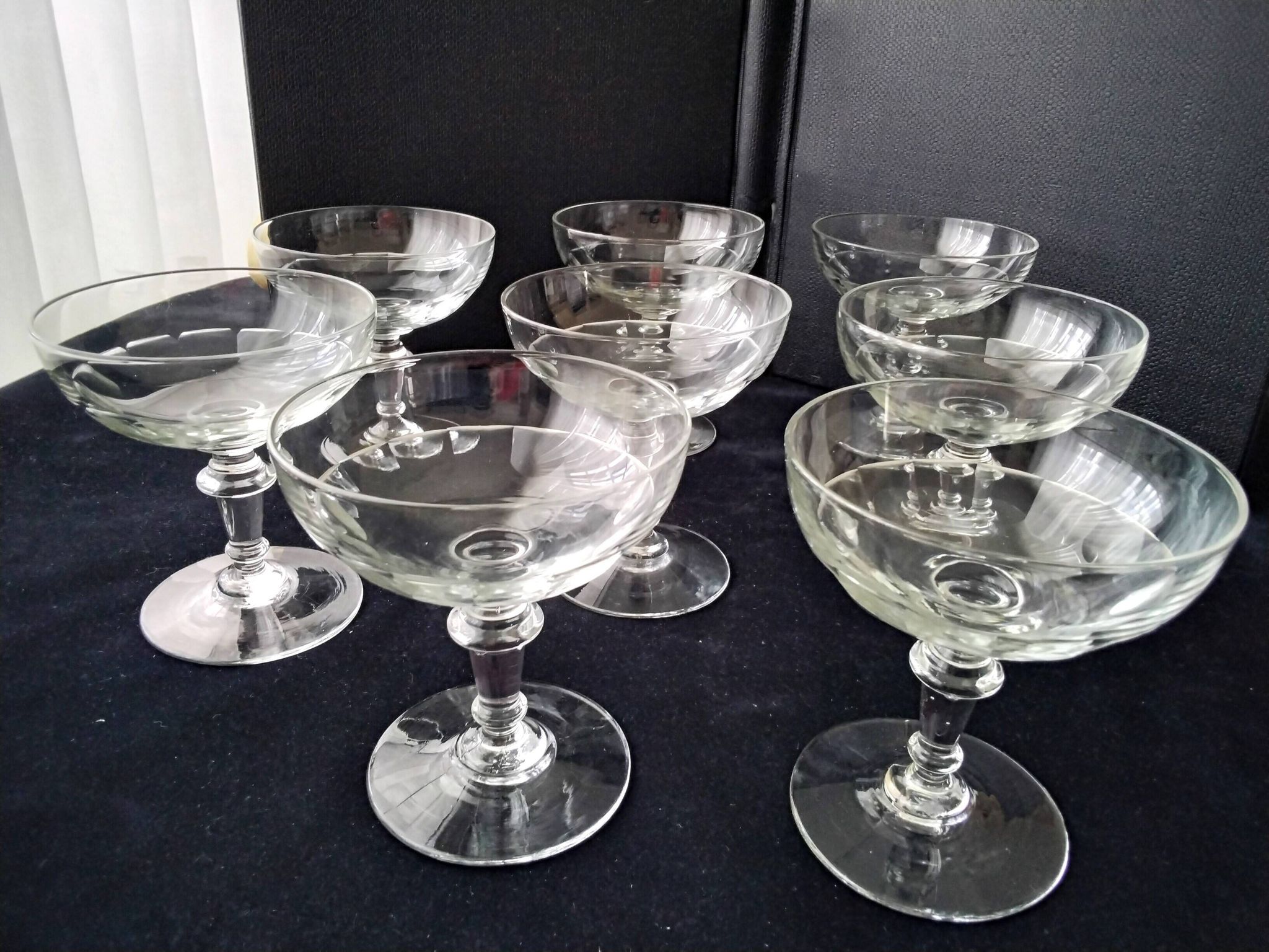 8 old glass champagne glasses