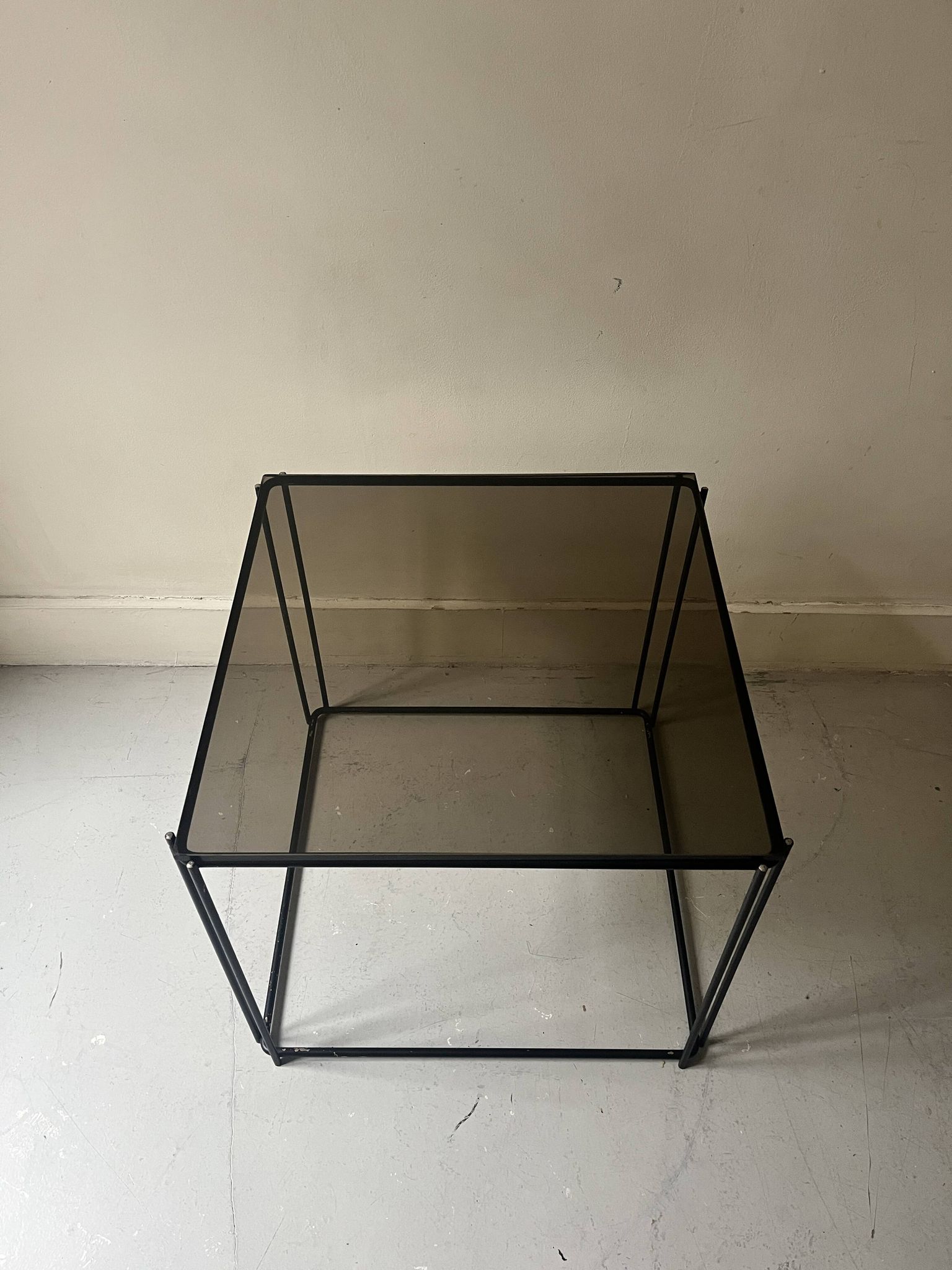 Black metal and smoked glass wire coffee table, 1970s design