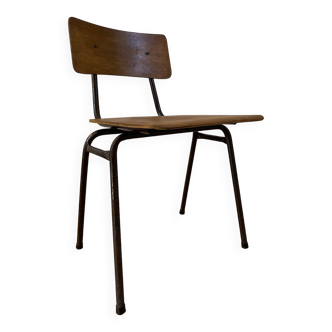 Chaise industriel, chaise d'école vintage, bois et métal