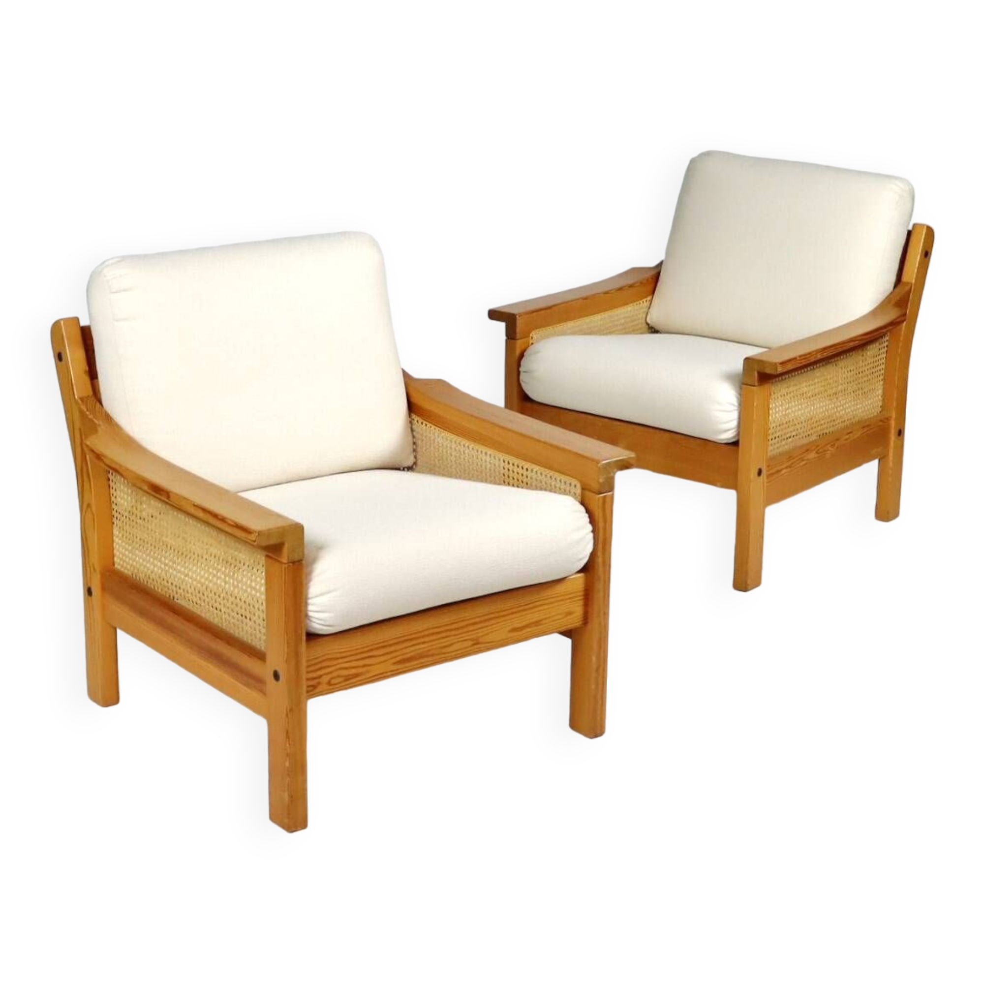 Pair of 70s cane and pine armchairs