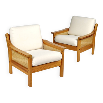 Pair of 70s cane and pine armchairs