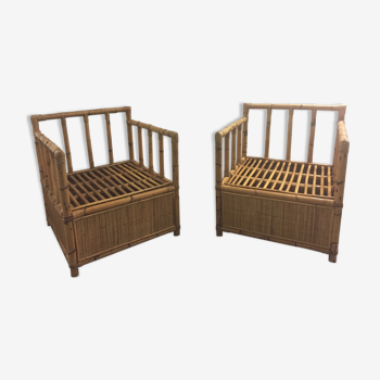 Paire de fauteuils français bambou et rotin 1970