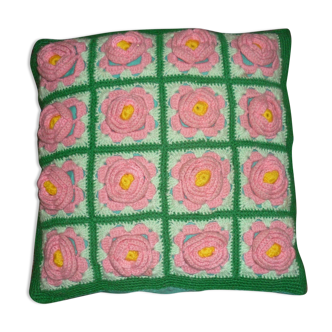 Coussin crochet vert rose jaune 40x40