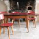 Kitchen table and its 4 chairs in wood and red formica, 1950