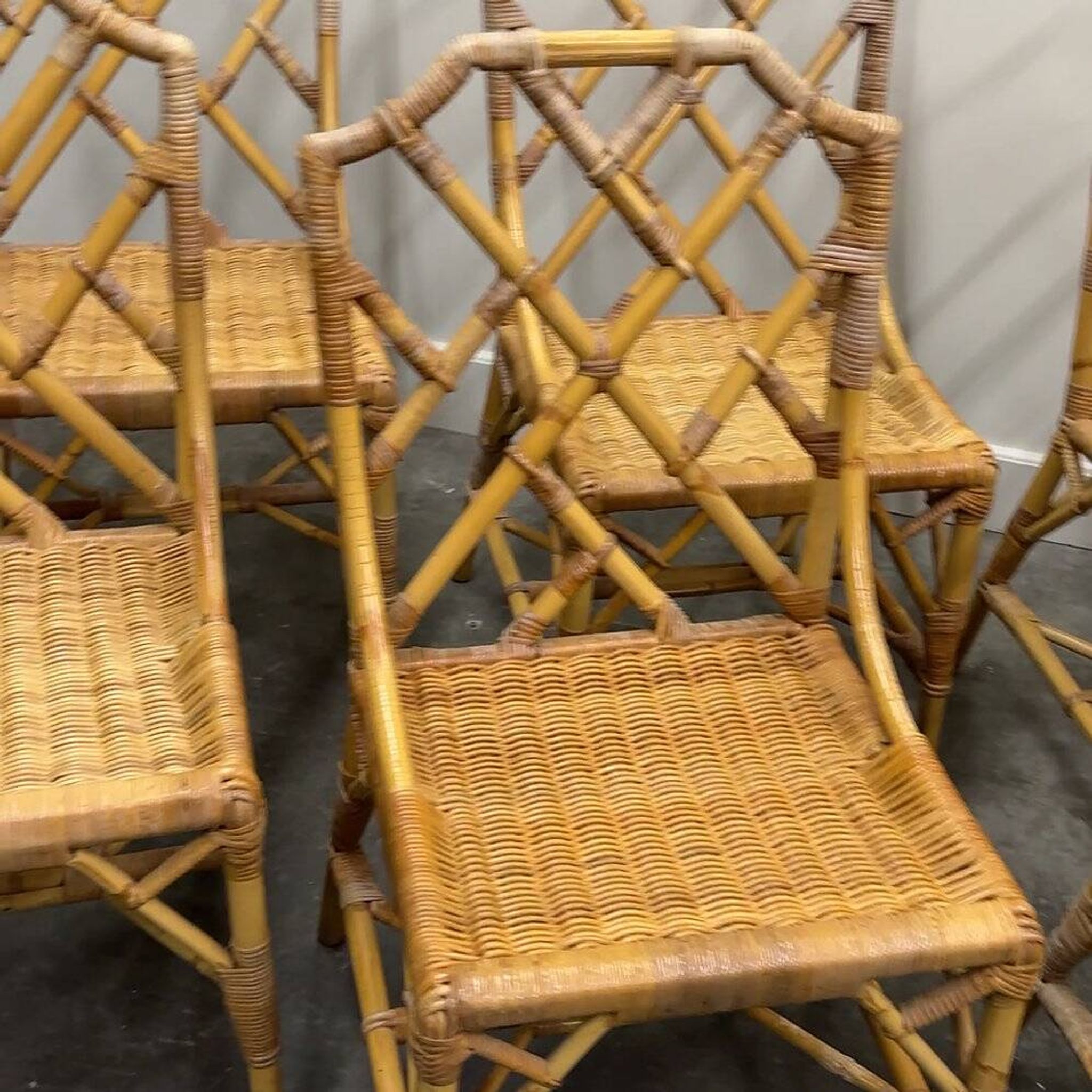Set of six English "Invincible" bamboo and rattan chairs by Angraves, 1970s