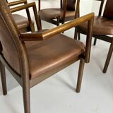 Set of 8 wooden and thick leather armchairs, Girsberger design, 80s