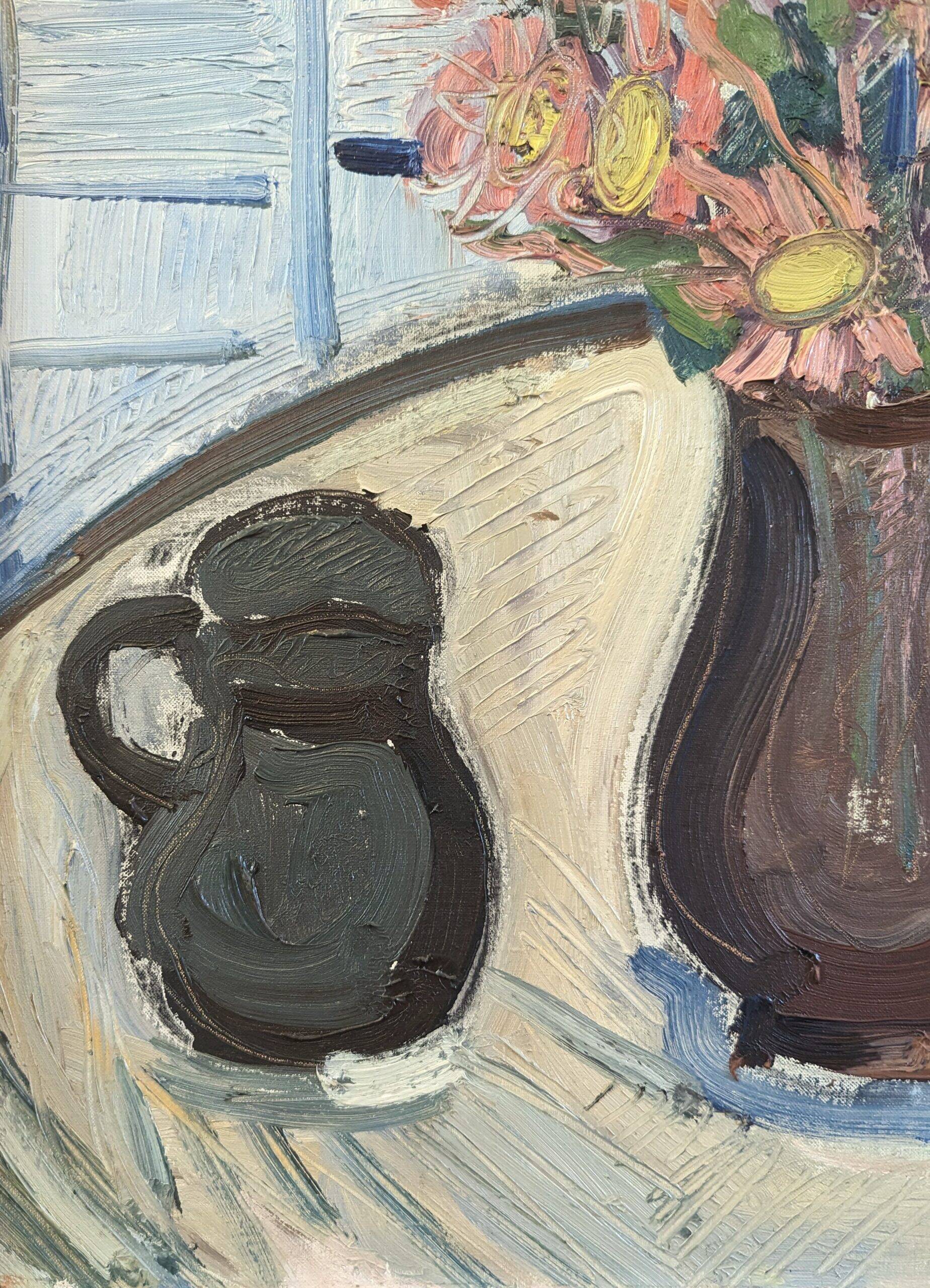 Mid-Century Modern Swedish "Pink Flowers" Vintage Still Life Oil Painting, Framed